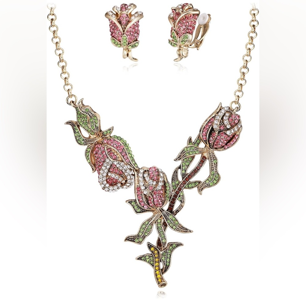 Floral Pink and Green Rhinestone Necklace Set